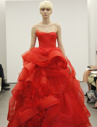 wearing a red wedding dress