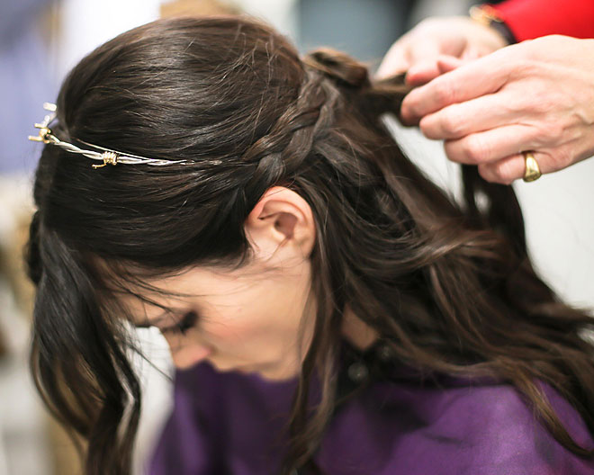 Braids in progress backstage at Rodarte Fall 2013/2014