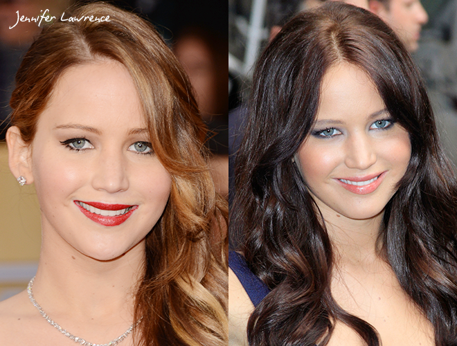 Jennifer Lawrence transitions from blonde hair to dark color flawlessly